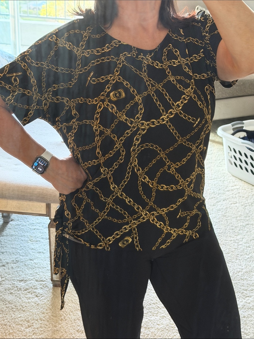 MICHAEL Michael Kors Black Top with Gold Chain Print